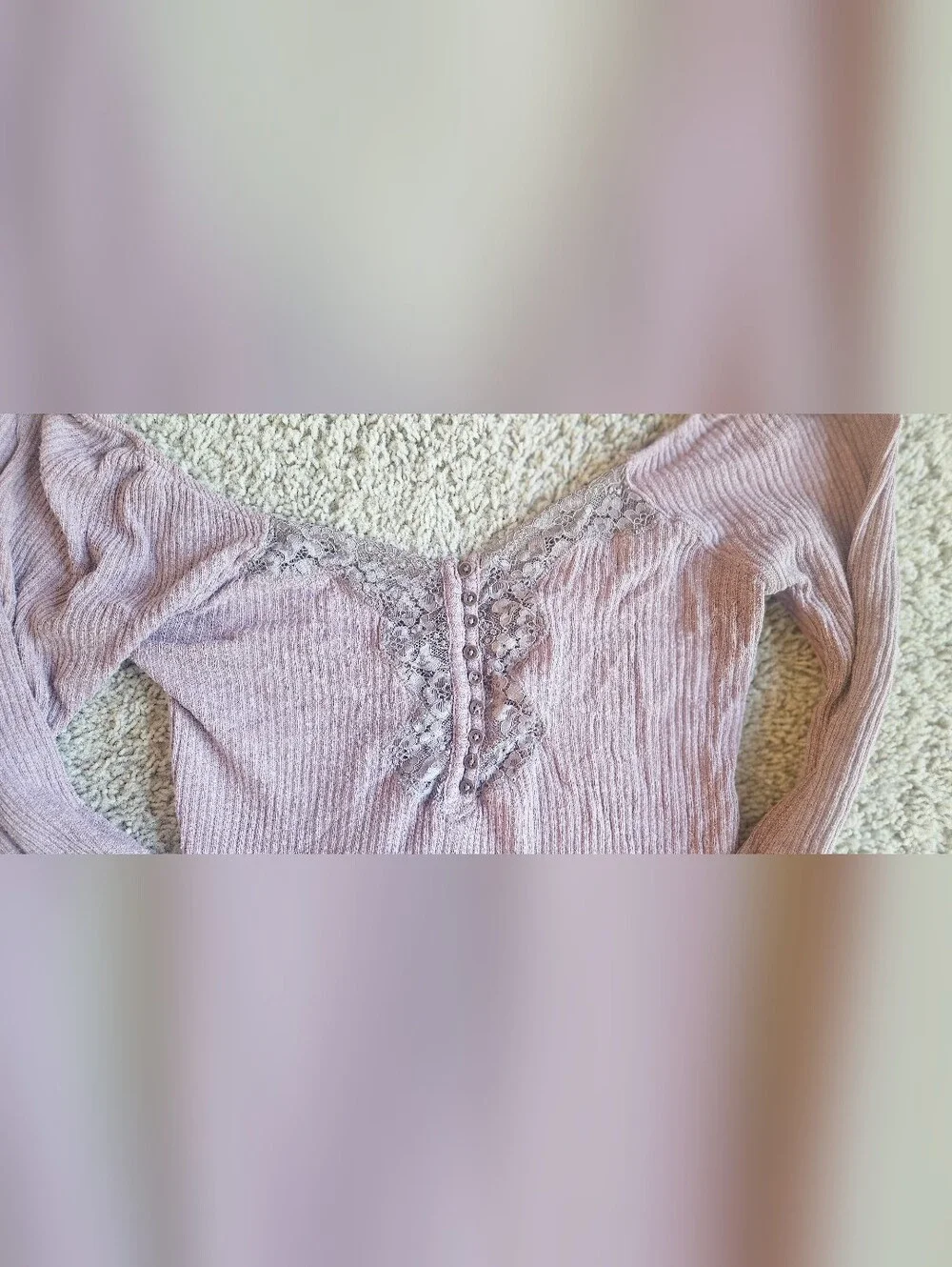 Free People Lace Trim Ribbed Long Sleeve Top - Mauve
